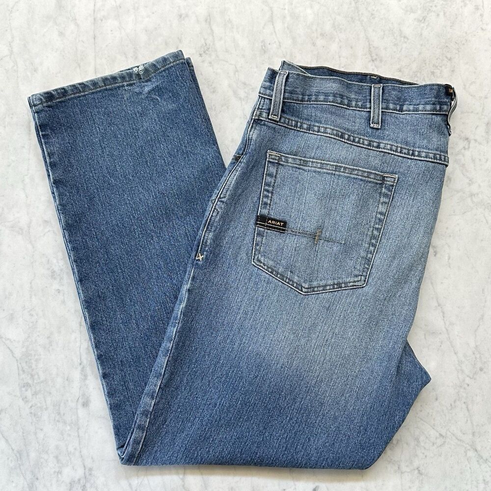 ARIAT Work Jeans Rebar M5 Straight Leg Men's 42 X 32 Blue Denim 31" Inseam